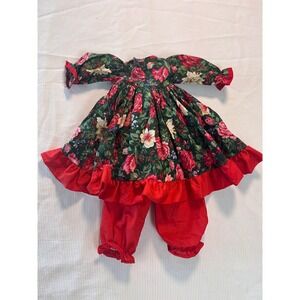 Vintage 80's  Holiday Floral Dress and Bloomers Set Red Green Poinsettia Rose